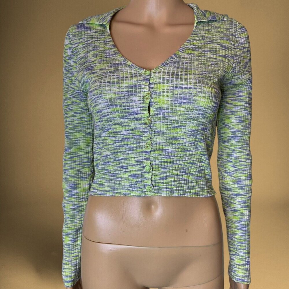 Say What Women Cardigan Crop Top Sweater Small Green White Front Button Collared